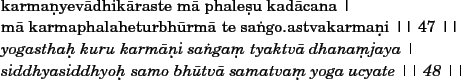 \obeylines
karmaNyevaadhikaaraste maa phaleshhu kadaachana \vert
...
....hdhyoH samo bhuutvaa samatva.n yoga uchyate \vert\vert 48 \vert\vert