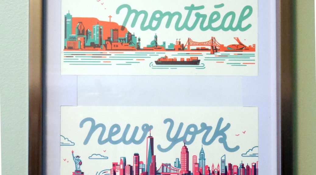 Montreal & New York skylines, postcards.